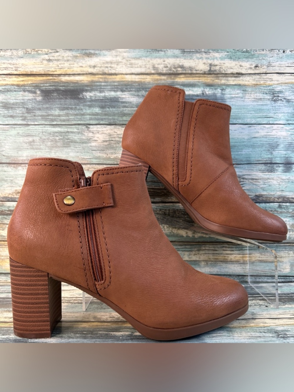 Clarks Bayla Glow Boot Womens Size 8M Brown Leather Stacked Block Heel Dress Zip
